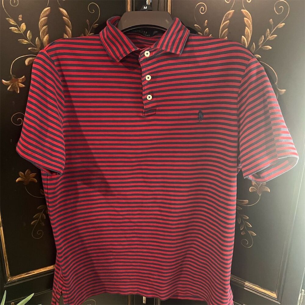 Polo Ralph Lauren Men's L Striped Polo Shirt Red & Navy Short Sleeve